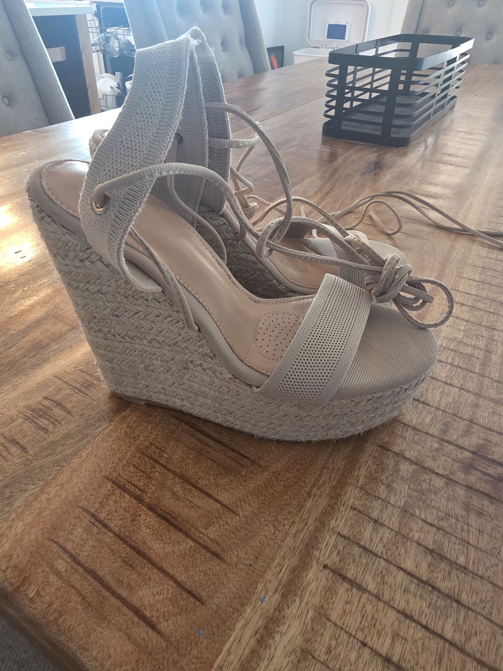Women's Beige Lace-Up Espadrille Wedge Sandals